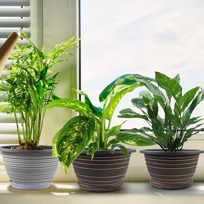 12 Inch Plastic-Flower Pot-for-Indoor Plants, 3 Pack Large planters for Outdoor Plants with Drainage Holes & Saucers, Retro Antique Imitation Decorative Garden Pots Planters