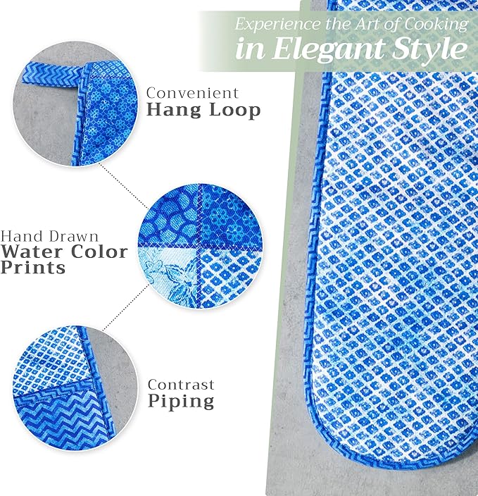 Maison d' Hermine Double Oven Mitts 100% Cotton 7"x35" Double Oven Mitt Heat Resistant BBQ Cooking Gloves with Loop, Baking, Grilling, Home, Kitchen, Handling Hot Pans Spring Summer (Indigo Love)