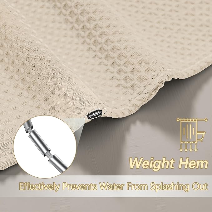 Beige Fabric Shower Curtain - Waffle Textured Heavy Duty Shower Curtains for Bathroom, 256GSM Hotel Spa Luxury Weighted Bath Curtain with 12 Hooks, 72x84, Beige