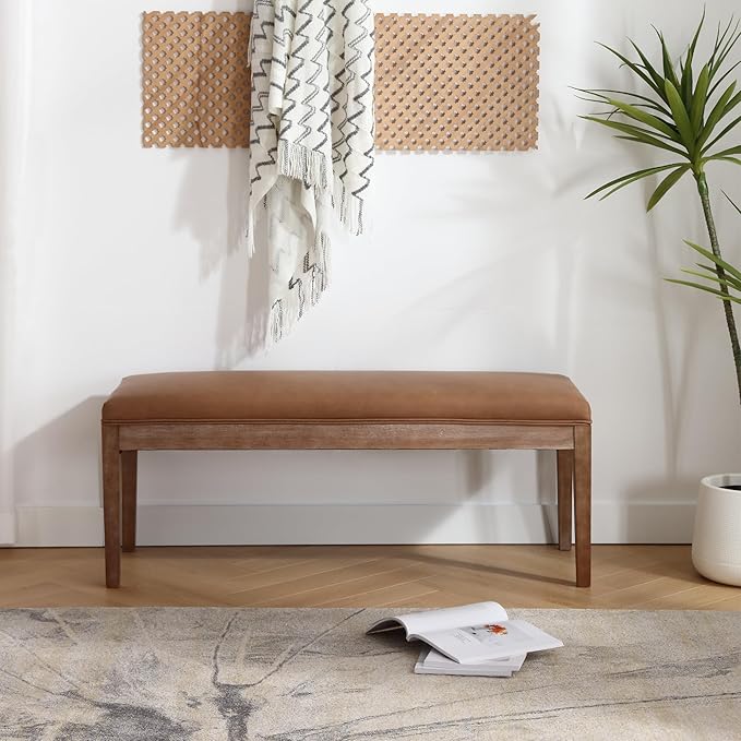 Upholstered Entryway Bench Farmhouse Shoe Benches for Hallway Porch Bedroom Bench for End of Bed Dining Bench for Dining Table Dining Room Kitchen Window with Wood Legs, PU Leather, Brown