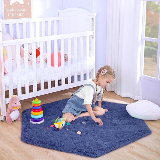 junovo Ultra Soft Rug for Nursery Children Room Baby Room Home Decor Dormitory Hexagon Carpet for Playhouse Princess Tent Kids Play Castle, Diameter 4.6 ft, Navy Blue