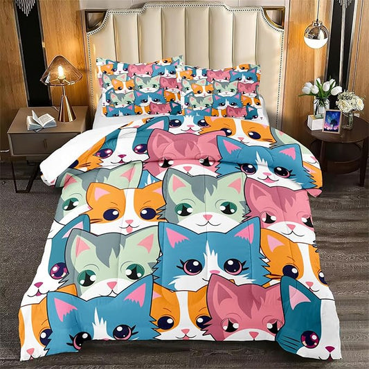 Neon Cats Bedding Set for Girls-Full Size Cartoon Comforter Girls Room Black Pattern Full Soft Breathable with 2 Pillowcases All-Season