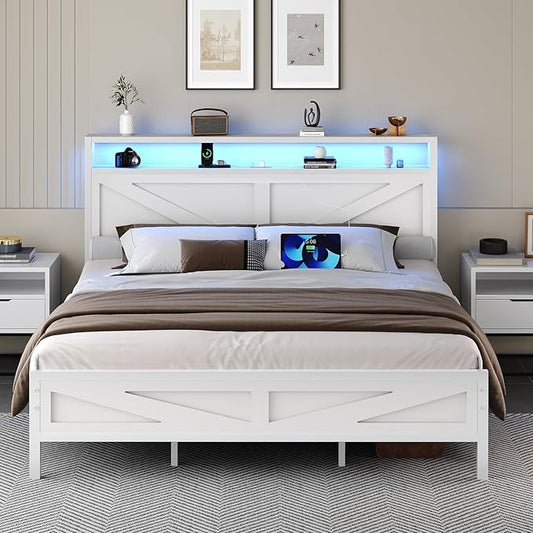 King Bed Frame with LED Lights and Charging Station, Metal Platform Bed King Size with 2-Tier Rustic Barn Door Storage Headboard, Noise-Free, No Box Spring Needed, Easy Assembly, White
