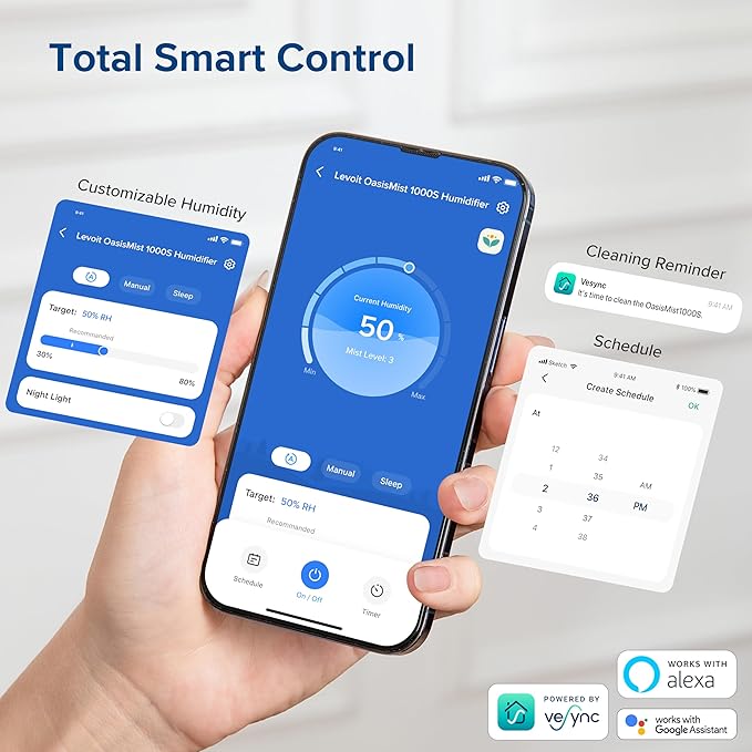 LEVOIT OasisMist 1000S (10L) Smart Humidifier for Home Large Room Bedroom, Last 100 Hours Suitable for Indoor Plant, Cover up to 600ft², Easy Top Fill, Remoter & Voice Control, Auto Mode, Quiet, White