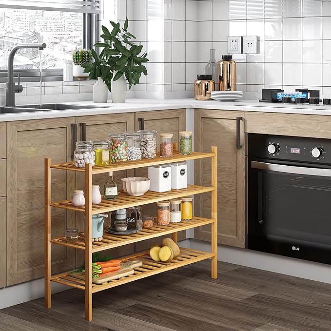 Long Shoe Rack, 4-Tier Bamboo Stackable Shoe Shelf Storage Organizer, Shoe Stand for Closet, Entryway and Hallway