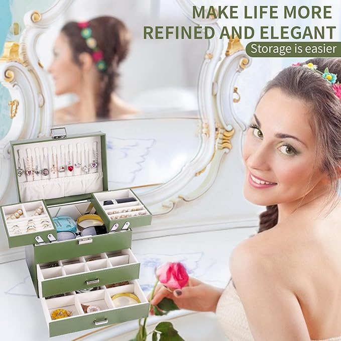 Dajasan Jewelry Organizer Box for Women Girls, Jewelry Holder Organizer, 4 Layers Leather Jewelry Box, Gift Idea for Valentine's Day, Christmas, New Year, Birthdays (Green)