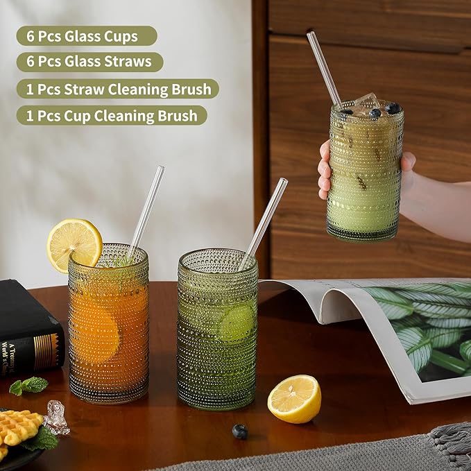 AkutaaVintage Hobnail Drinking Glasses Set of 6, 16 oz Large Capacity Embossed Green Tumblers, Highball Glasses for Water, Cocktail, Beer, Whiskey, Kitchen & Bar Use