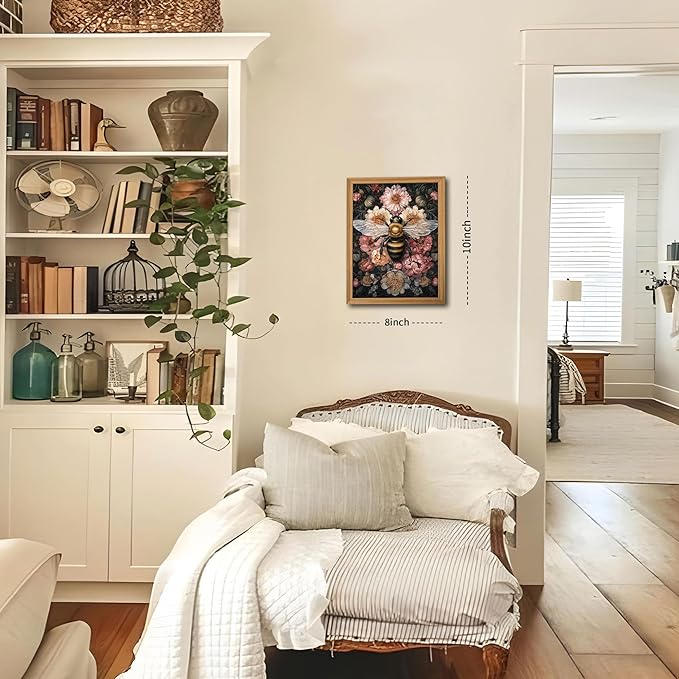 Framed Vintage 3D Textured Wall Art - Dark College Bee Flowers Wall Decor - Hand Drawn Sandstone Nature Botanical Pictures for Living Room Bedroom Home Decor 8x10in