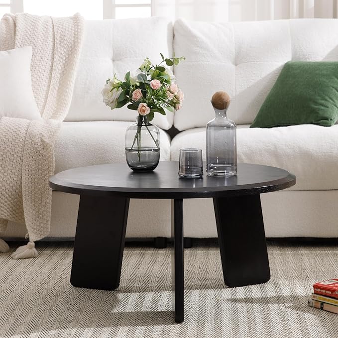 Modern Wood Coffee Table Small Desk Farmhouse Round Coffee Table Floor Table Couch Table Easy Assembly for Living Room/Office/Reception/Sofa Couch End, Black