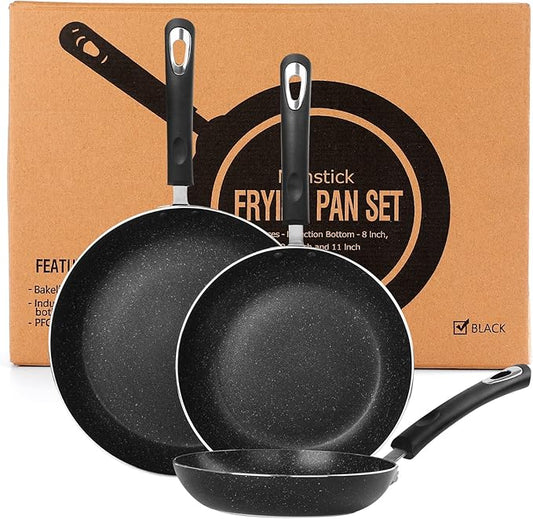 Frying Pan 3-Piece Set, Nonstick Skillet Set for Induction Cooktop, Frying Pan Nonstick 8 Inch+9.5 Inch +11 Inch (Black)