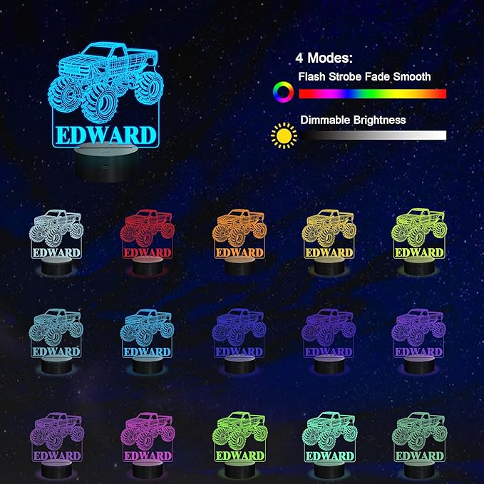 Customize Monster Truck Night Light, 3D Night Lights for Children, Monster Trucks for Boys, 16 LED Colors Changing Lighting, Car Shape Acrylic Lighting Table Desk Bedroom Decoration