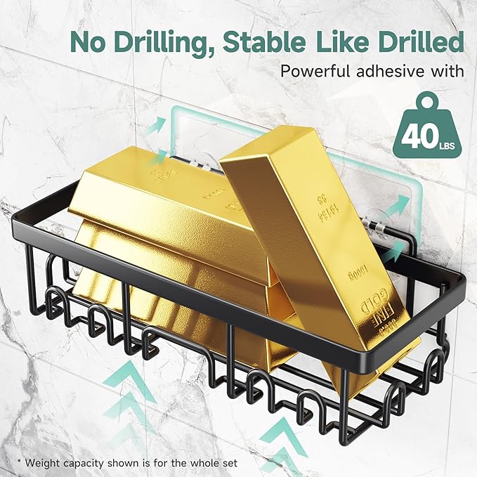 Veken Rustproof & Waterproof Shower Caddy 5-Pack, No Drilling Adhesive Wall Mounted Shower Shelves Rack, Heavy Weight Bearing, Large Organizer Storage Accessories, Ideal for Bathroom, Home & Kitchen