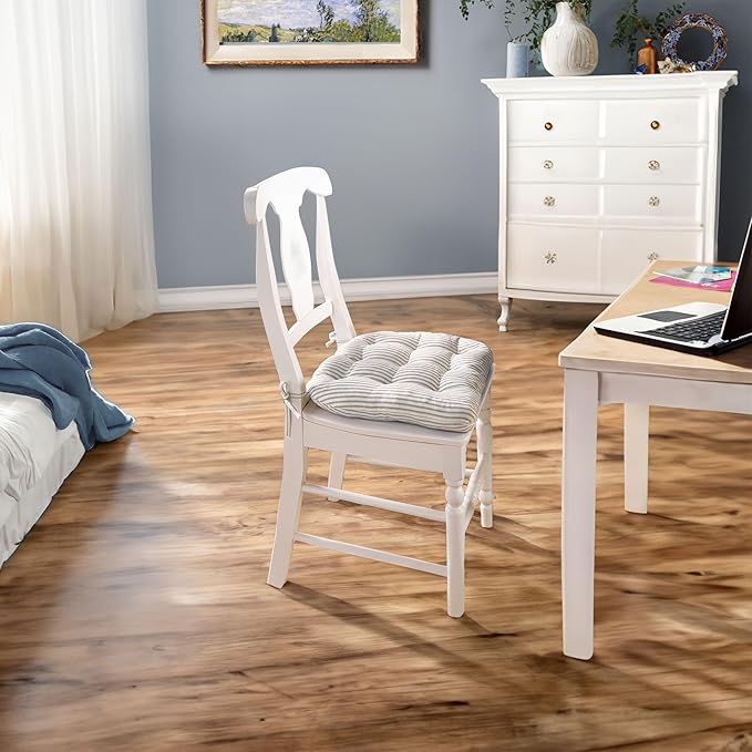 Barnett Home Decor Ticking Stripe Berlin Blue Dining Chair Pad with Ties - 15 x 17 Size Small Chair Cushion - Latex Foam Fill - Machine Washable, Reversible, 100% Cotton, Made in USA (Light Blue)