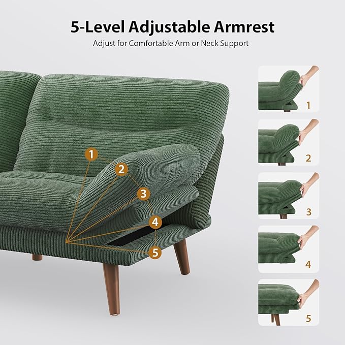 Pipishell Convertible Futon Sofa Bed,66" Corduroy Futon Couch with Adjustable Backrest and Armrests, Recliner Sleeper Sofa for Small Spaces, Play Room or Office, Green
