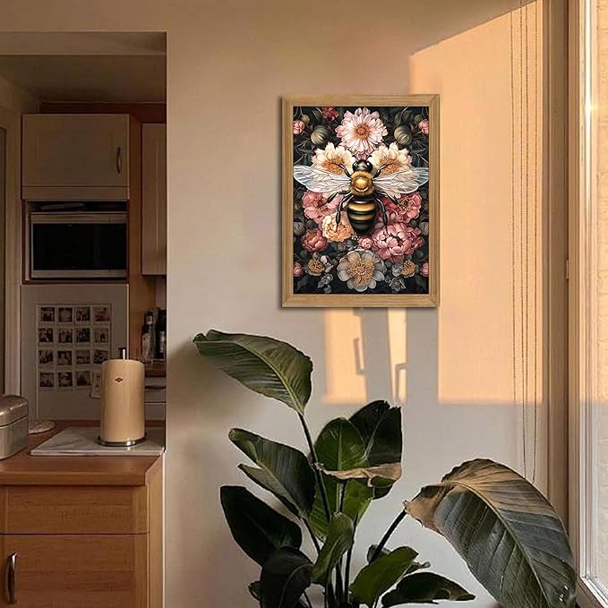 Framed Vintage 3D Textured Wall Art - Dark College Bee Flowers Wall Decor - Hand Drawn Sandstone Nature Botanical Pictures for Living Room Bedroom Home Decor 16x24 inches