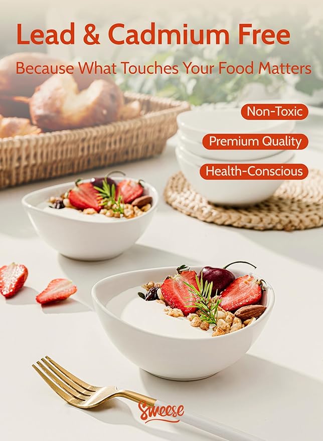 Sweese Porcelain Bowls Set - 6 Pack, 5 Inch, 10 oz for Desserts, Soup, Rice, Microwave Dishwasher Safe, White