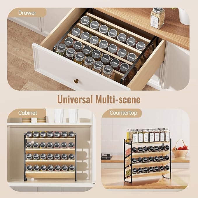 MUDEELA 4 Tier Spice Rack Organizer for Cabinet, Vertical Spice Shelf, Wooden Material, Seasoning Organizer for Countertop, Kitchen, Pantry, Freestanding, 13.4" W × 11.2" H (No Jars Included), Black