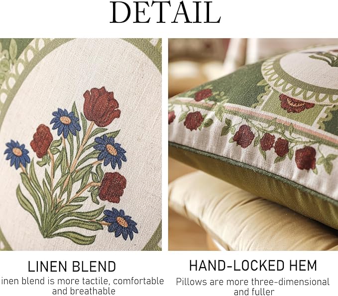 Design Linen Square Throw Pillow Covers 18"x18" Pack of 2, Yellow Green French Cushion Covers with Red Rose Floral Pattern Decoration Pillowcases for Bed, Living Room, Outdoor, Car