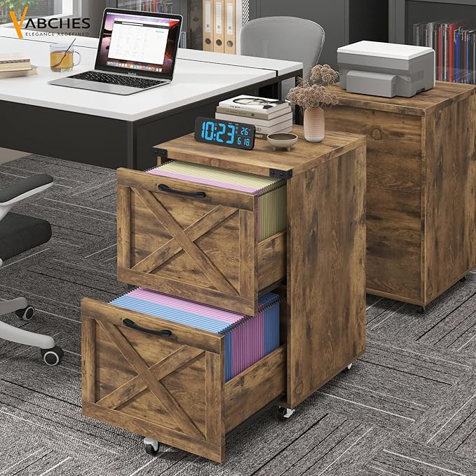 Farmhouse File Cabinet with 2 Drawers, Vertical Filing Cabinet on Wheels for Letter/A4 Size Hanging Files, Mobile File Cabinets Printer Stand for Home Office, Rustic Brown