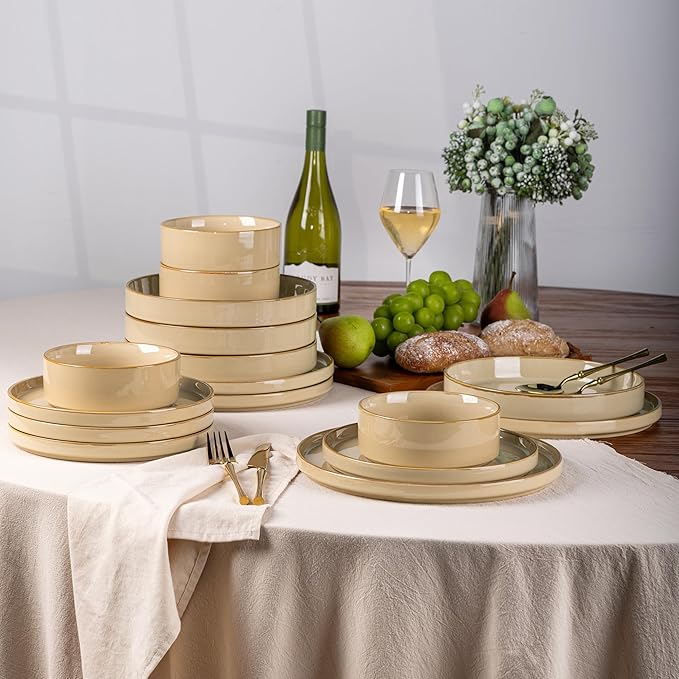 GBHOME Ceramic Dinnerware Sets With Double Bowl for 4, 16 Pieces Stoneware Plates and Bowls Set, Reactive Glaze Dishes -Scratch Resistant, Dishwasher&Microwave Safe-Warm Sand