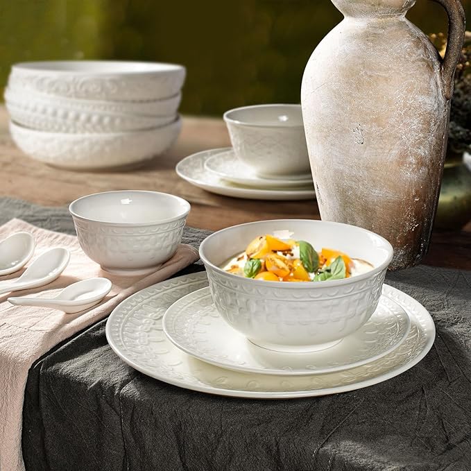 Cereal Bowls Set of 4 - Ceramic Soup Bowls for Kitchen 30 Oz Embossment White Breakfast Bowls for Rice, Pasta, Fruits, Salad, Ramen, 6.25 Inch, Dishwasher & Microwave Safe (Cross Floral)