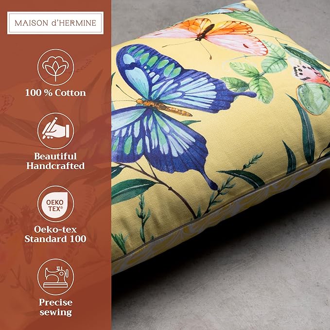 Maison d' Hermine Decorative Pillow Covers 12x20 Inch Rectangle 100% Cotton Throw Pillow Covers with Invisible Zipper for Living Room Couch, Chair, Sofas, Bedroom, Home (Hesperides - Papillon)