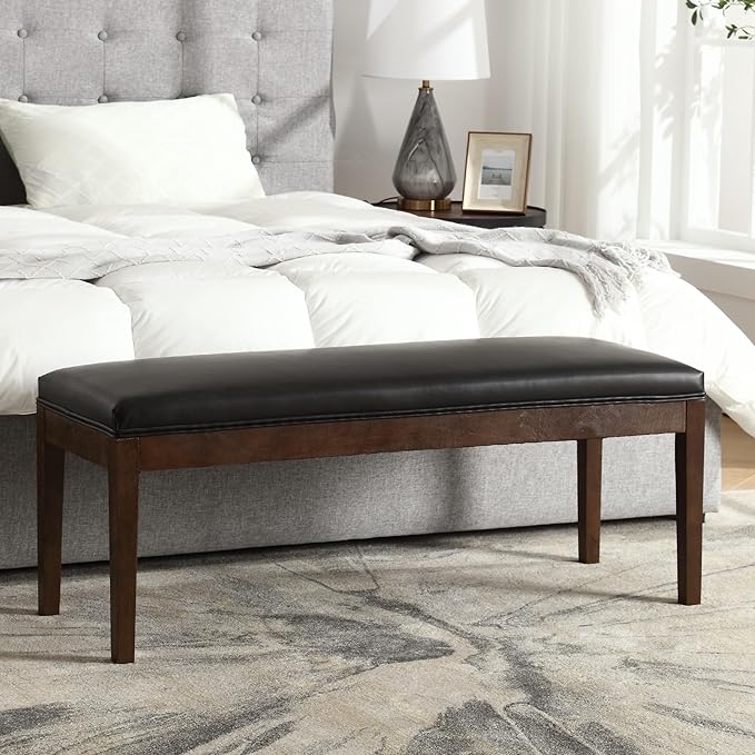 Upholstered Entryway Bench Modern Shoe Benches for Hallway Porch Bedroom Bench for End of Bed Dining Bench for Dining Table Dining Room Kitchen Window with Wood Legs, PU Leather, Black