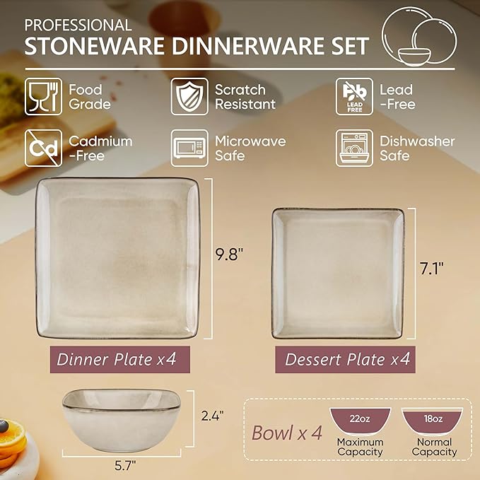 Herogo Stoneware Plates and Bowls Sets for 4, 12 Pieces Modern Square Dinnerware, Reactive Glaze Dishes Set for Kitchen, Chip Resistant, Microwave & Dishwasher Safe, Cream Khaki