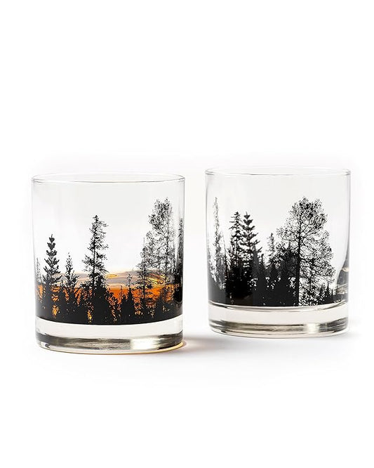 Black Lantern Whiskey Glass Set - Forest Landscape Old Fashioned Low-Ball Glasses - Drinking Glasses - Rock Glasses and Kitchen Glasses for Nature Lovers - Two Premium 11oz. Glasses