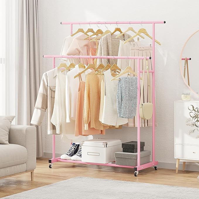 Calmootey Double Rod Clothing Garment Rack,Rolling Hanging Clothes Rack,Portable Clothes Organizer for Bedroom,Living Room,Clothing Store,Pink