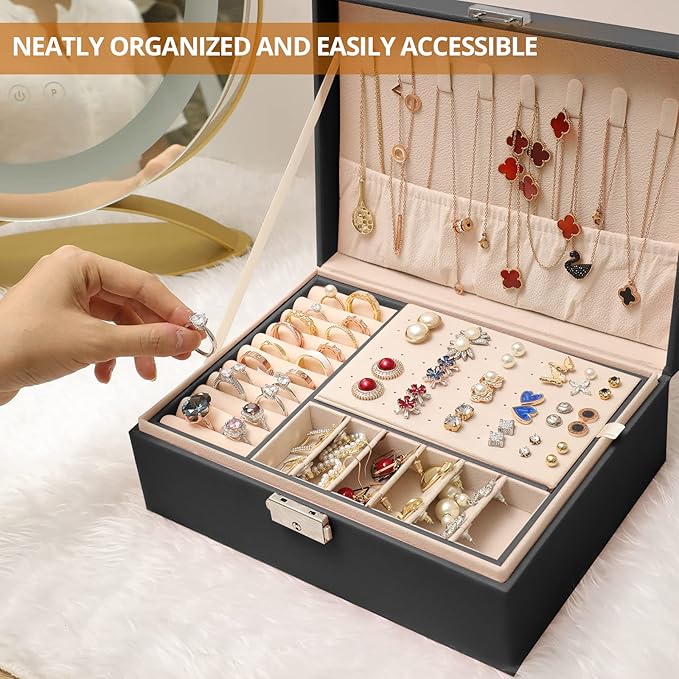 Jewelry Boxes for Women Girls 2 Layers leather Jewelry Organizer Case with Lock Storage Box Removable Tray for Necklace Earring Ring with Polishing Cloth and Jewelry Bags