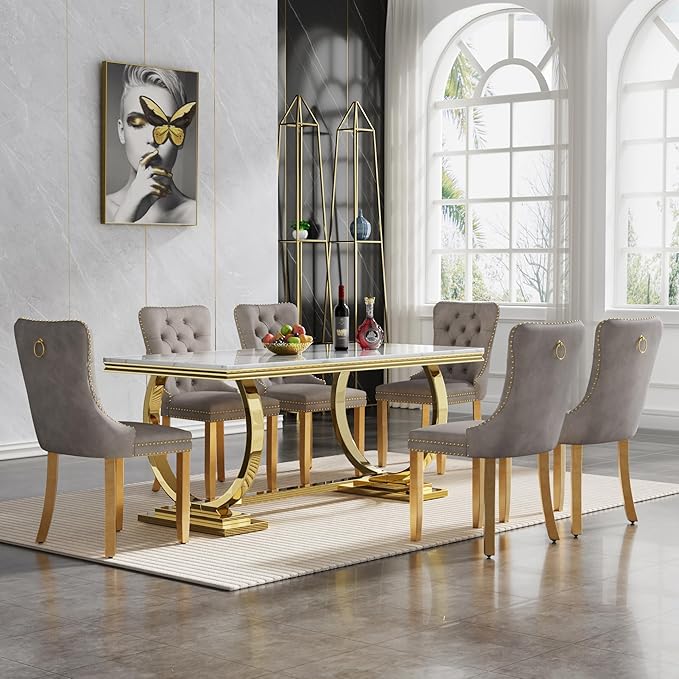 Goujxcy 7 Piece Marble Dining Table Set for 6, Luxury White Marble Gold Kitchen Table with 6 Grey Velvet Upholstered Chairs, Modern 6 Person Dining Room Table Set for Kicken Dining Office Room