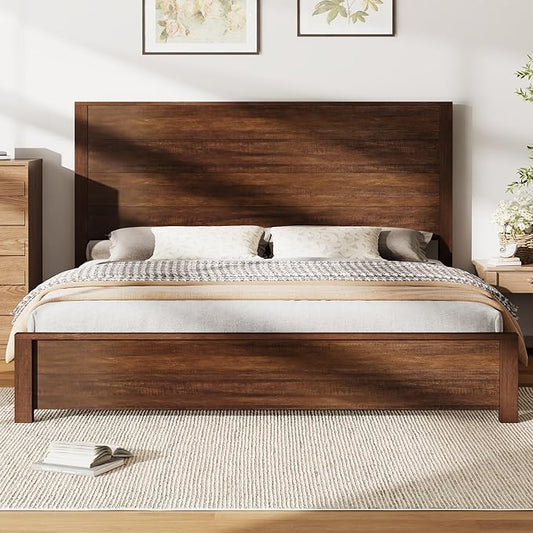 AMERLIFE King Size 51.2" Wood Bed Frame, Rustic Platform Bed with Spliced Headboard, Wood Slats Support/Noiseless/Reclaimed Barnwood//No Box Spring Needed