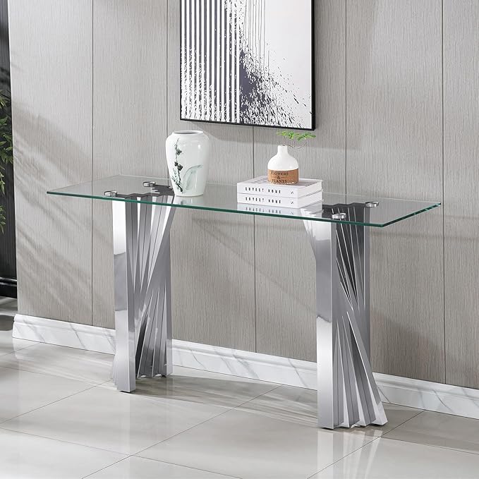 Goujxcy Modern Glass Console Table 55" Entryway Table with Tempered Glass Top and Mirror Finish Stainless Steel Legs, Luxury Rectangular Sofa Table for Living Room Hallway Corridor Table (Silver)