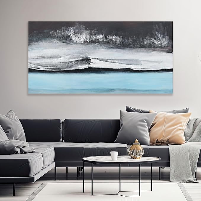 Abstract Wall Art Black White and Blue Canvas Art Wall Decor Modern Art Wall Decor Painting Framed Artwork Abstract Canvas Wall Art for Living Room Bedroom Office 24"x48"