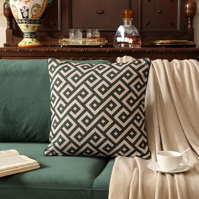Design Linen Classic Vintage Throw Pillow Covers 18"x18" Pack of 2, Minimalist Square Cushion Covers with Green Irregular Plaid Pattern Decor Pillowcases for Bed,Living Room,Outdoor,Car