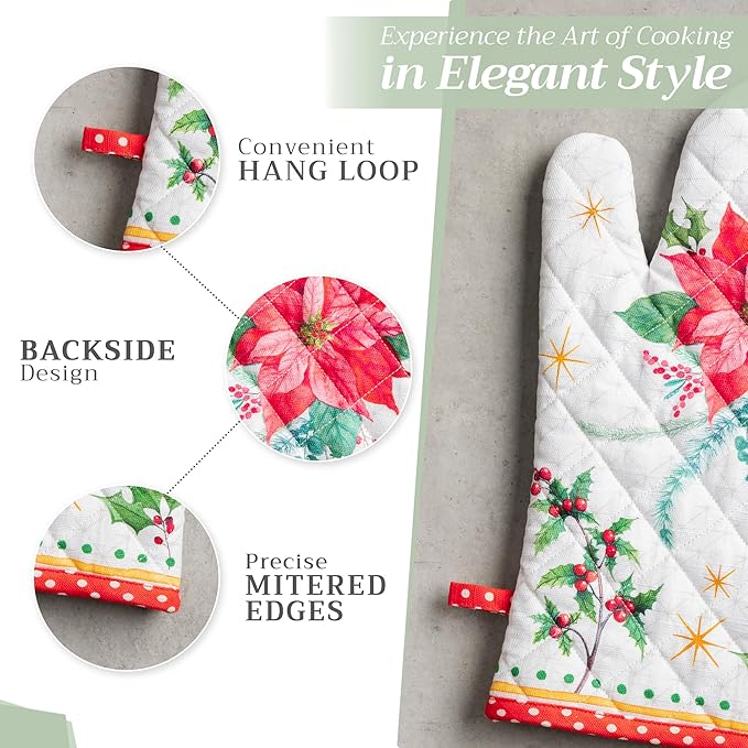 Maison d' Hermine Oven Gloves 100% Cotton Oven Mitt 7" x 13" with Loop Heat Resistant Cooking Gloves for Thanksgiving Christmas Decorations Baking Handling Hot Pans (Pack of 1, Poinsettia Christmas)