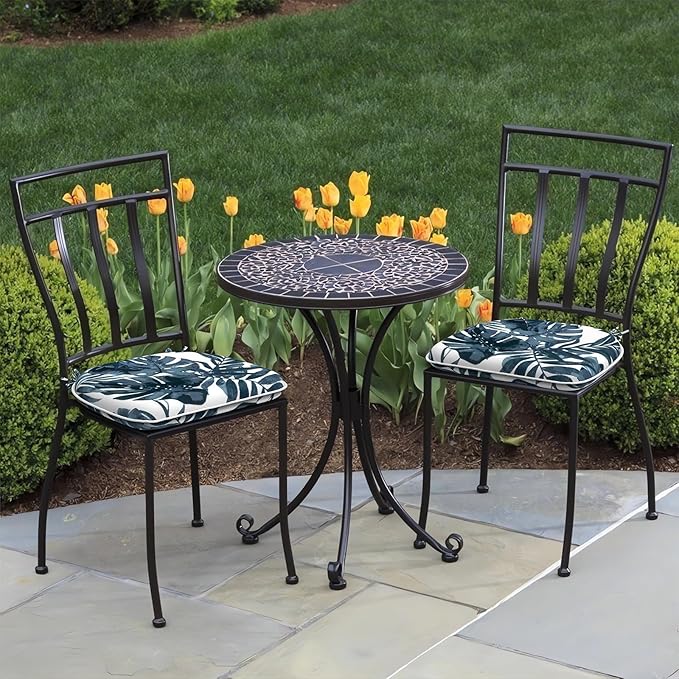 Set of 2 Outdoor Chair Cushions with Ties,Water Repellent Patio Chair Pads 17"x 16" for Outdoor Furniture,Round Corner Seat Cushions for Garden Yard Kitchen Palm Blue