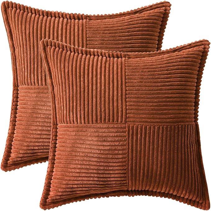 MIULEE Dark Rust Fall Decorative Throw Pillow Covers for Couch Bed Livingroom 20x20 Inch Set of 2 Boho Accent Throw Pllows Broadside Striped Patchwork Soft Corduroy Pillowcases