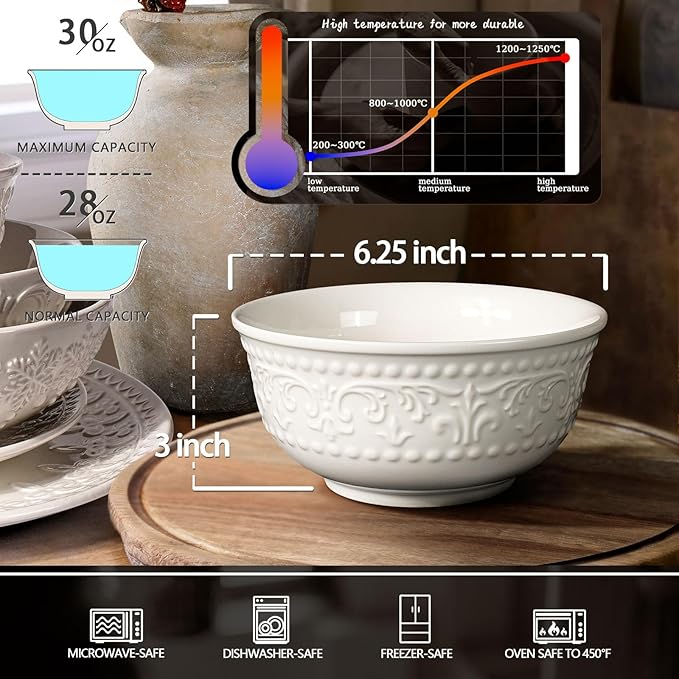 Cereal Bowls Set of 4 - Ceramic Soup Bowls for Kitchen 30 Oz Embossment White Breakfast Bowls for Rice, Pasta, Fruits, Salad, Ramen, 6.25 Inch, Dishwasher & Microwave Safe (Brocade Flower)