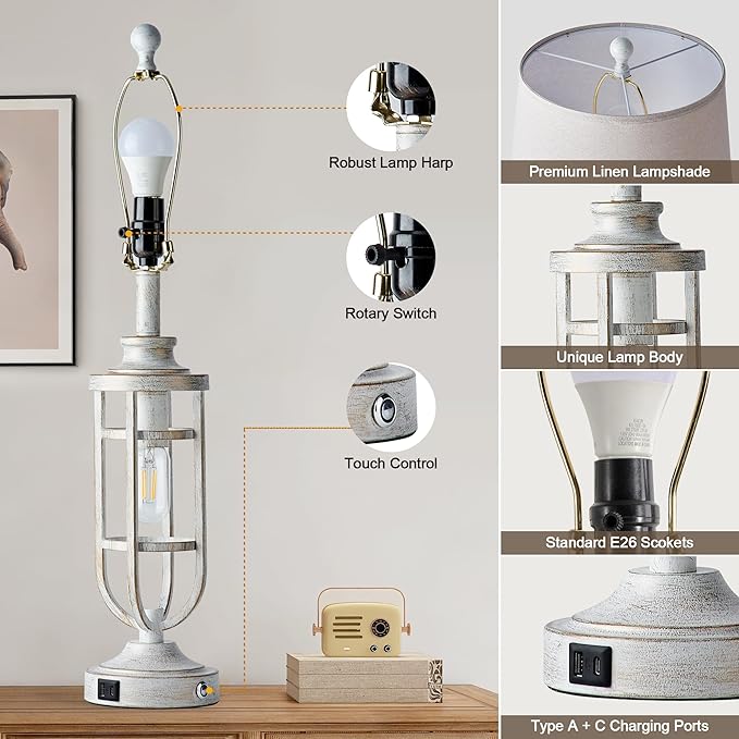 28" Table Lamps for Living Room Set of 2, Farmhouse Touch Lamps for Nightstand with USB A+C, Vintage Bedside Lamps for Bedroom End Tables, Bulbs Included