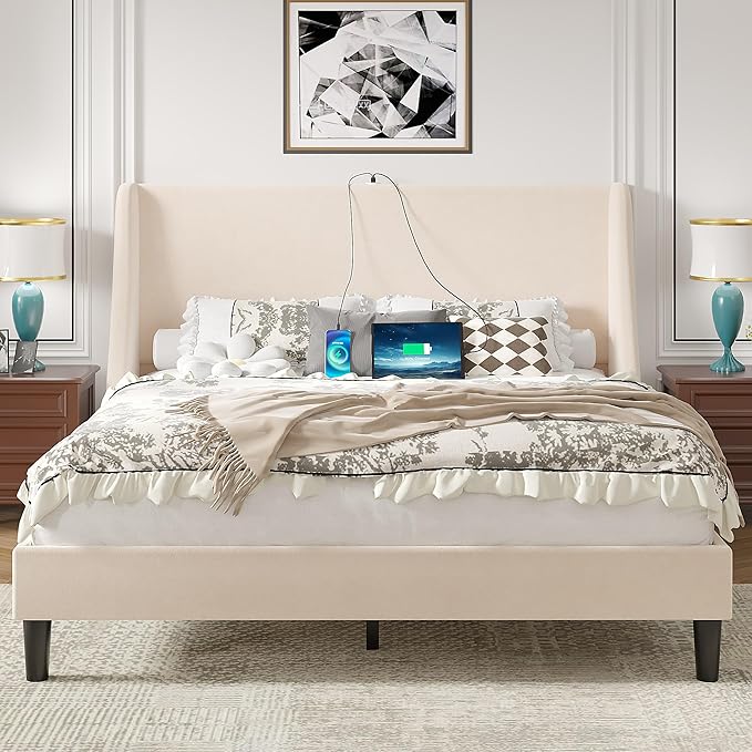 VECELO Full Bed Frame with Upholstered Wingback Headboard, Heavy-Duty Platform Bedframe with Charging Station, Wooden Slats, No Box Spring Needed, Beige