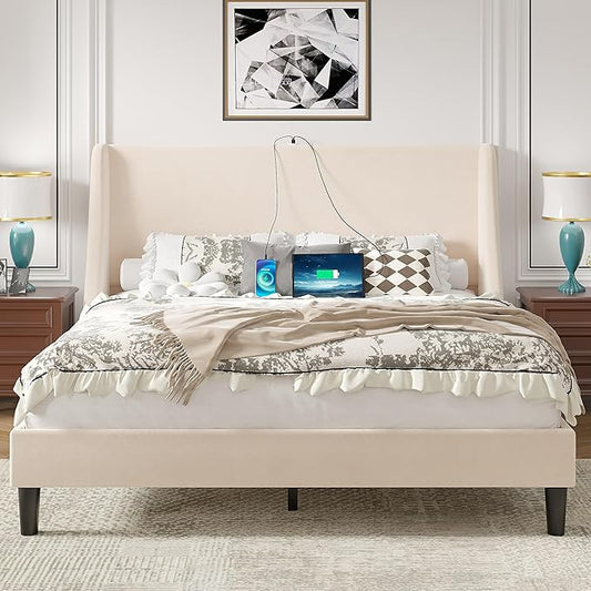 VECELO Full Bed Frame with Upholstered Wingback Headboard, Heavy-Duty Platform Bedframe with Charging Station, Wooden Slats, No Box Spring Needed, Beige