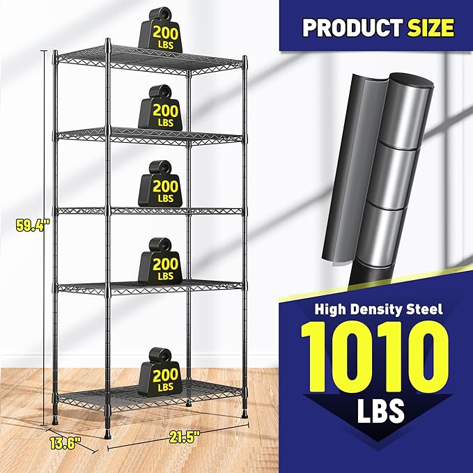 5 Tier Storage Shelves 1010LBS Wire Shelving Unit Adjustable Metal Shelving Pantry Shelves Sturdy Steel Commercial Shelf for Kitchen Pantry Closet Laundry School,13.6" D x 21.5" W x 59.4" H