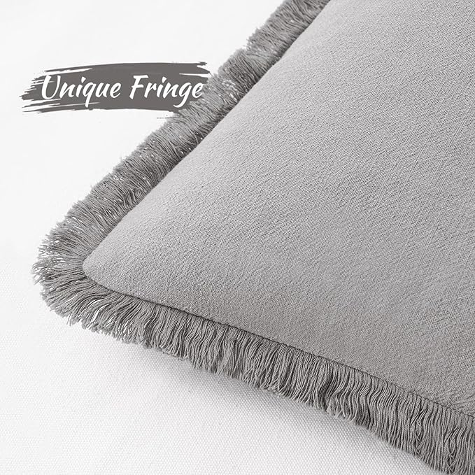 MIULEE Decorative Throw Pillow Covers Neutral Linen Fringe Throw Pillows Set of 2 Light Grey Boho Farmhouse Cushion Covers with Tassels for Couch Sofa Bed Living Room Spring Home Decor 20x20 Inch