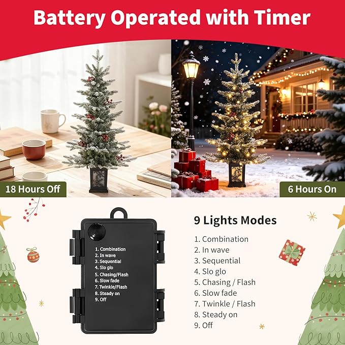 Small 3.5 FT Pre-Lit Christmas Tree with Ligths Snow Flocked Tabletop Christmas Tree with Vintage Snowflake Base for Home Office Xmas Decor, Battery Operated and Timer Function