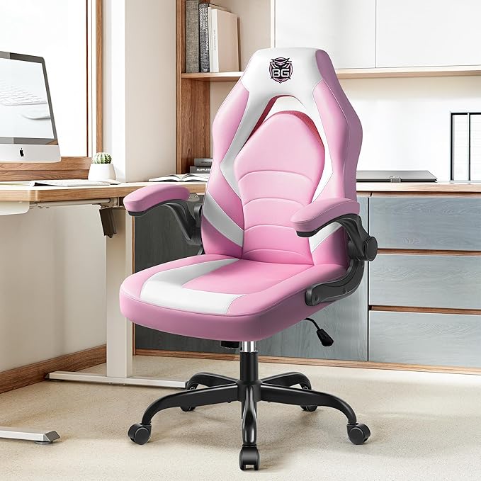 Gaming Chair, Leather High-Back Home Office Desk Chair with Flip-Up Arms, Ergonomic Padded Rolling Wheels Swivel Tilt Gamer Computer Chair with Comfy Lumbar Support, Height Adjustable, Pink