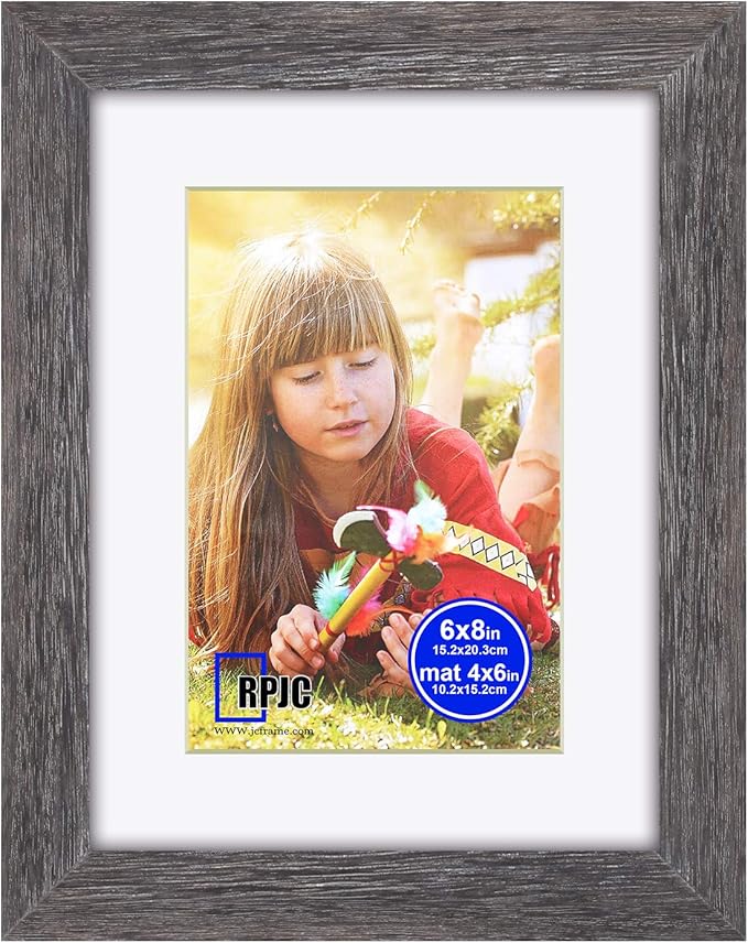 RPJC 6x8 inch Picture Frame Made of Solid Wood and High Definition Glass Display Pictures 4x6 with Mat or 6x8 Without Mat for Wall Mounting Photo Frame Driftwood Finish