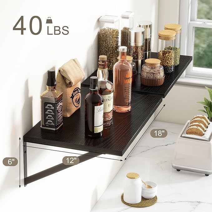 Fun Memories Black Floating Shelves 18 Inch Long, Rustic Floating Shelf with Brackets, 12 Inch Deep Wall Shelves, Black Bathroom Shelves, 18 x 12 Storage Shelf for Kitchen, Living Room, Set of 2