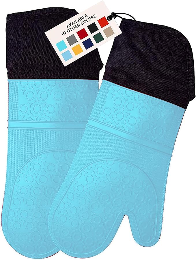 BPA-Free Soft Silicone Oven Mitts - Ultra Heat Resistant Oven Mitts with Thick Cotton Liner - Extra Long Slip Resistant Pot Holders, Flexible Oven Gloves - Aqua/Black 14.7"